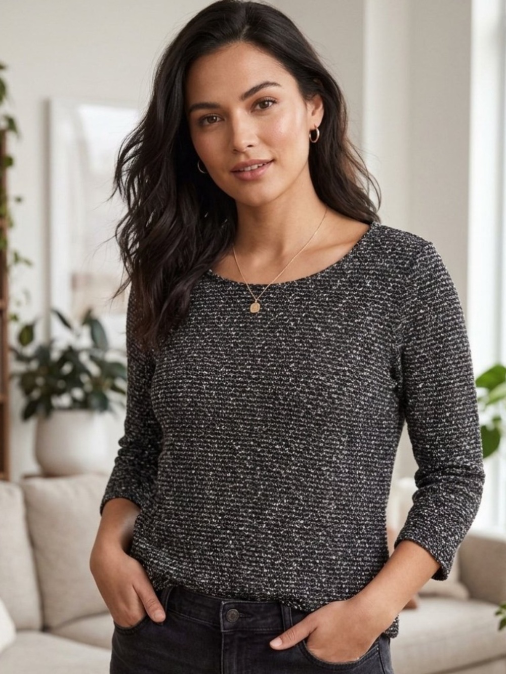 EUC Joe Fresh Women’s Textured Marled Knit Pullover Top Black/White Size Large
